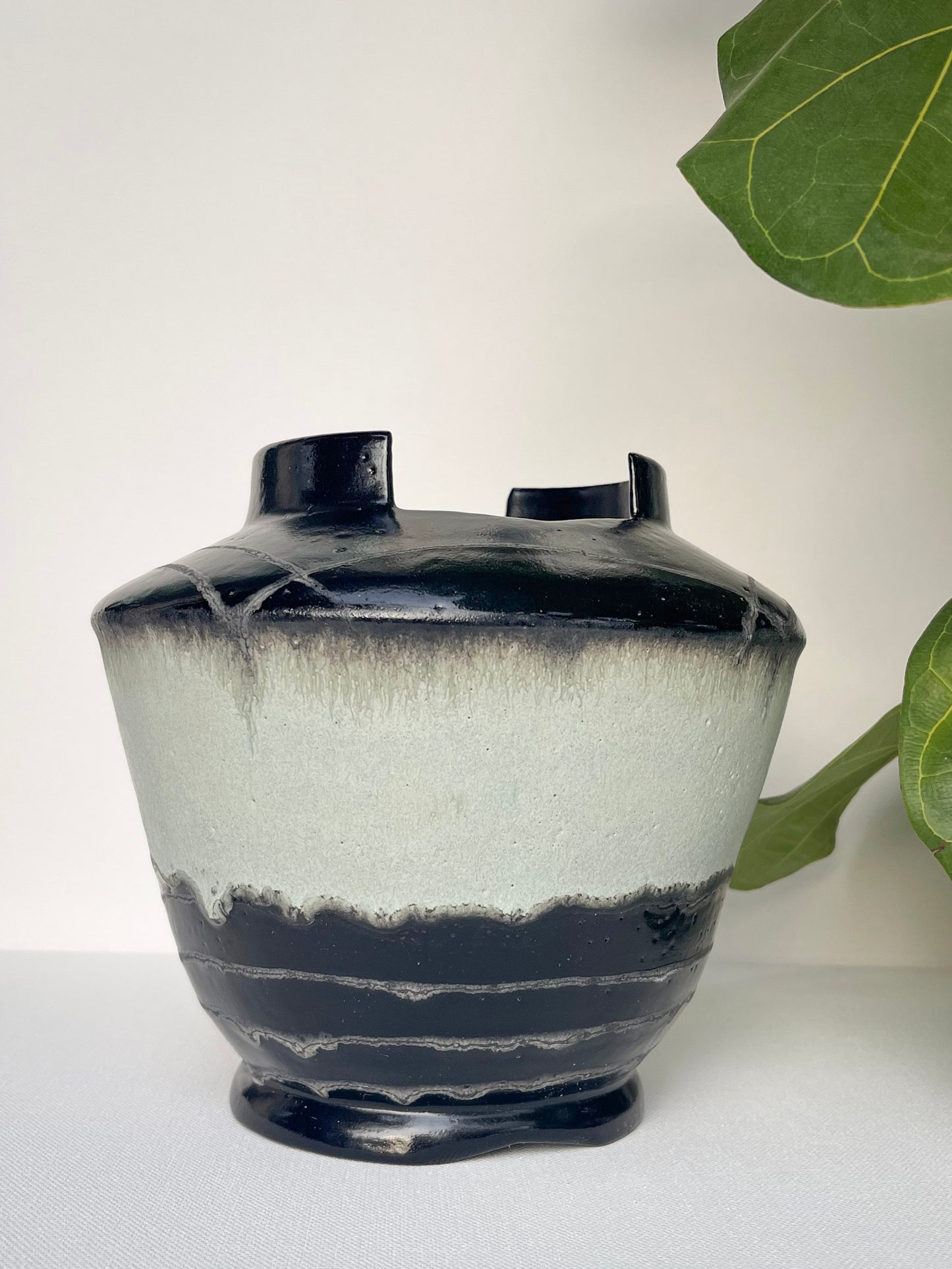 Large Sea Foam Gray and Black Vase